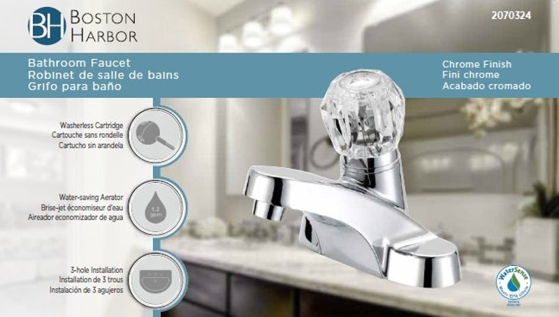 Boston Harbor F4510043CP Lavatory Faucet, 1.2 gpm, 1-Faucet Handle, 3-Faucet Hole, Metal/Plastic, Chrome Plated