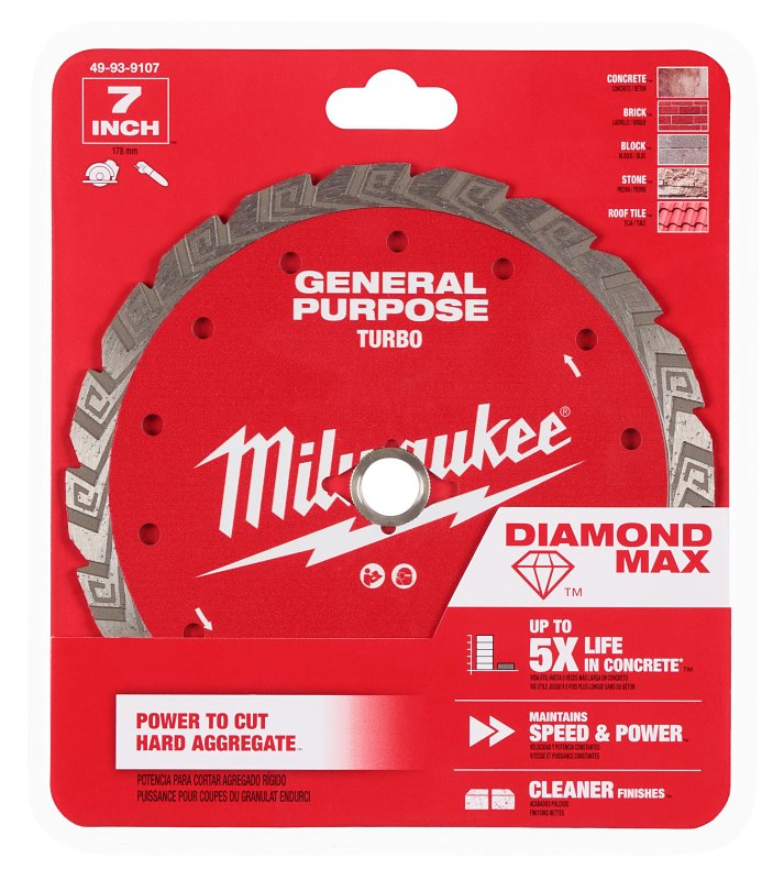 Milwaukee DIAMOND MAX 49-93-9107 General-Purpose Turbo Saw Blade, 7 in Dia, 5/8, 7/8 in Arbor, Diamond Cutting Edge