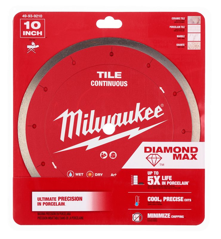 Milwaukee DIAMOND MAX 49-93-9210 Saw Blade, 10 in Dia, 5/8 in Arbor, Diamond Cutting Edge, Continuous Rim