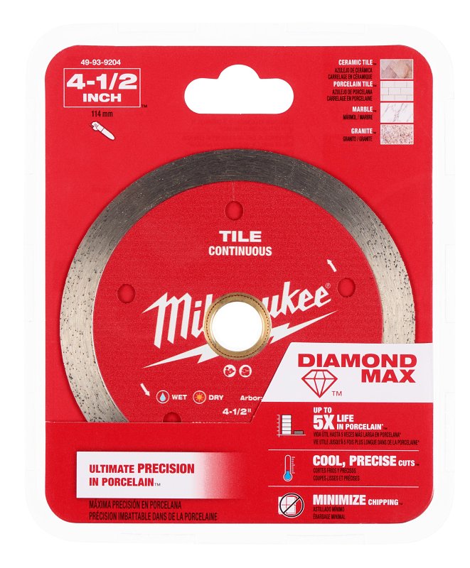 Milwaukee DIAMOND MAX 49-93-9204 Saw Blade, 4-1/2 in Dia, 5/8 in, 7/8 in, 20 mm Arbor, Continuous Rim