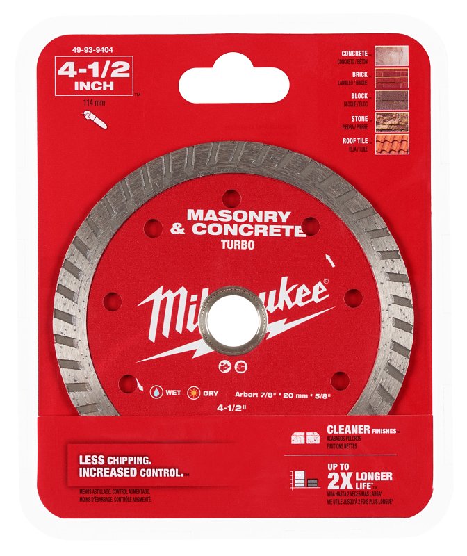 Milwaukee 49-93-9404 Saw Blade, 4-1/2 in Dia, 5/8 in, 7/8 in, 20 mm Arbor, Diamond Cutting Edge, Turbo Rim
