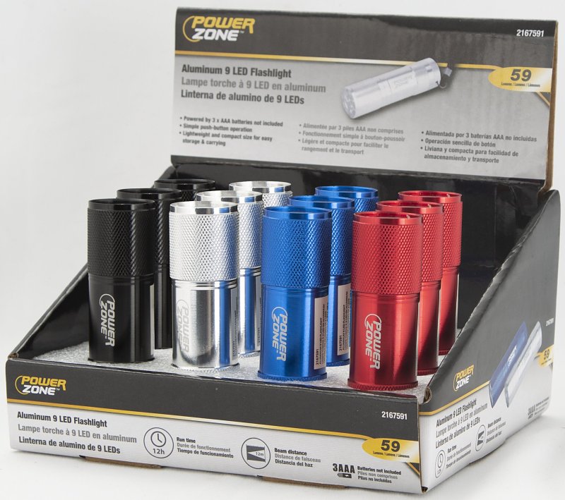 PowerZone LFL215-9T Flashlight, AAA Battery, AAA Battery, LED Lamp, 59 Lumens, 12 m Beam Distance, 12 hr Run Time, Pack of 12