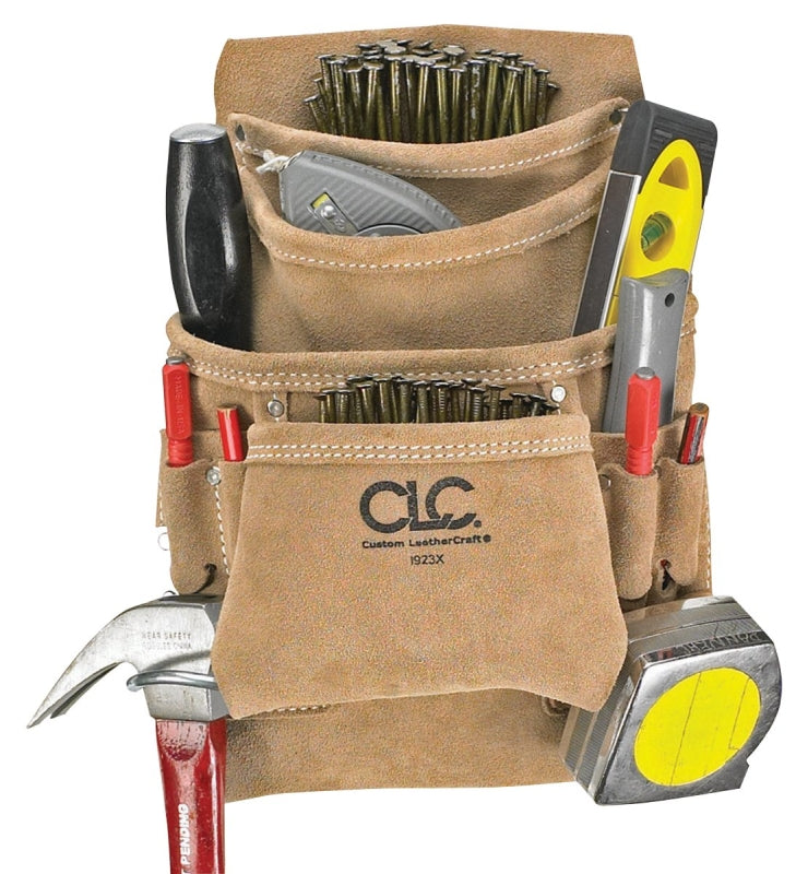 CLC Tool Works Series I923X Nail/Tool Bag, 20-1/2 in W, 12 in H, 10-Pocket, Suede Leather, Tan