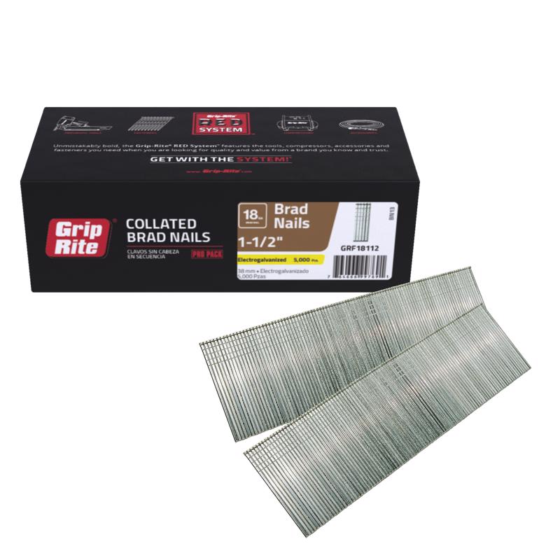 Grip-Rite 1-1/2 in. L X 18 Ga. Straight Strip Electro Galvanized Finish Nails 5000 pk
