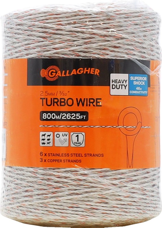 Gallagher G62089 Turbo Wire, 7.5 kV, Copper/Stainless Steel Conductor, Poly Insulation, 2624 ft L