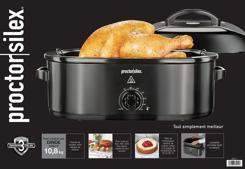 Proctor Silex 32211 Electric Roaster Oven, 18 qt Capacity, 1450 W, Knob Control, Aluminum, Black