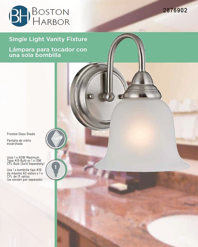 Boston Harbor LYB130928-1VL-BN Wall Sconce, 60 W, 1-Lamp, A19 or CFL Lamp, Steel Fixture, Brushed Nickel Fixture