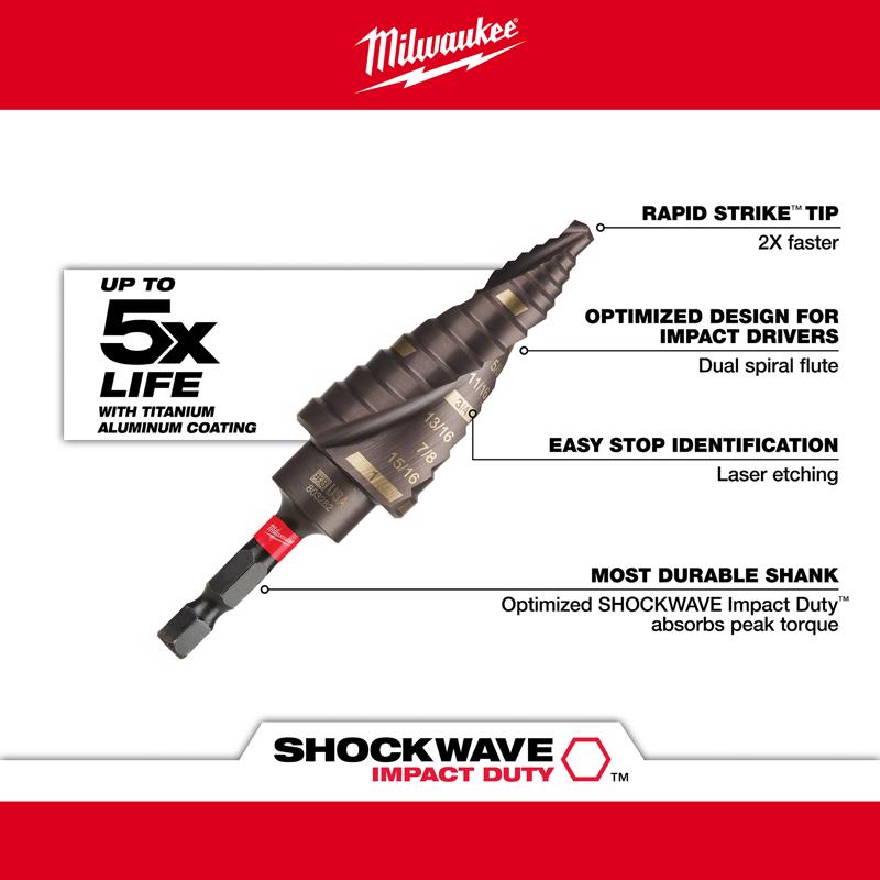Milwaukee Shockwave 3/16 to 1 in. High Speed Steel Impact Step Bit Set Quick-Change Hex Shank 3 pc