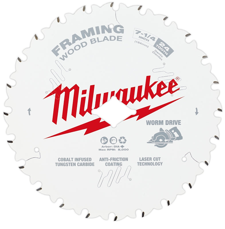 Milwaukee 48-41-0723 Circular Saw Blade, 7-1/4 in Dia, 5/8 in Arbor, 24-Teeth, Cobalt/Tungsten Carbide Cutting Edge, Pack of 10