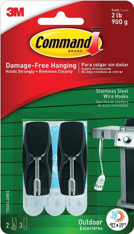 Command 17065S-AWES Wire Hook, 2 lb, 2 -Hook, Plastic/Stainless Steel, Slate, Pack of 4