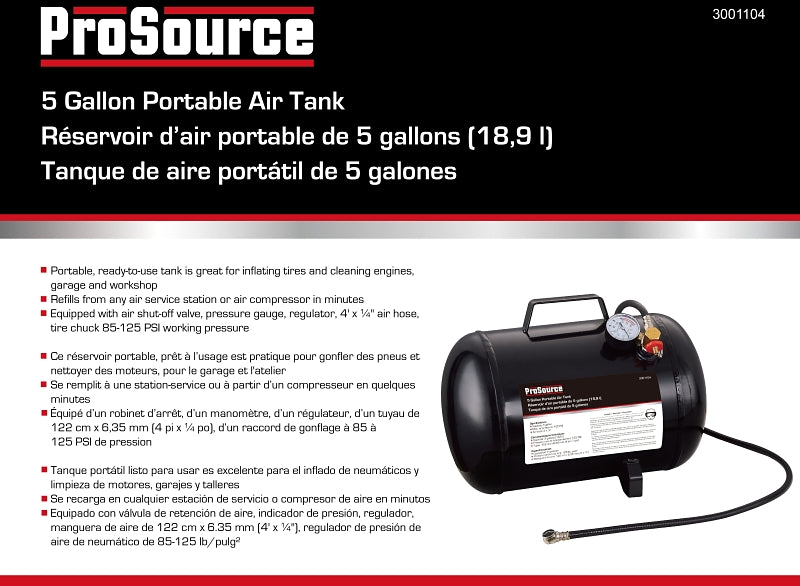 ProSource AT05 Portable Air Tank, 5 gal Tank, 1/4 in Inlet, 5/16 in Outlet, 85 to 125 psi Pressure, Steel, 2 mm