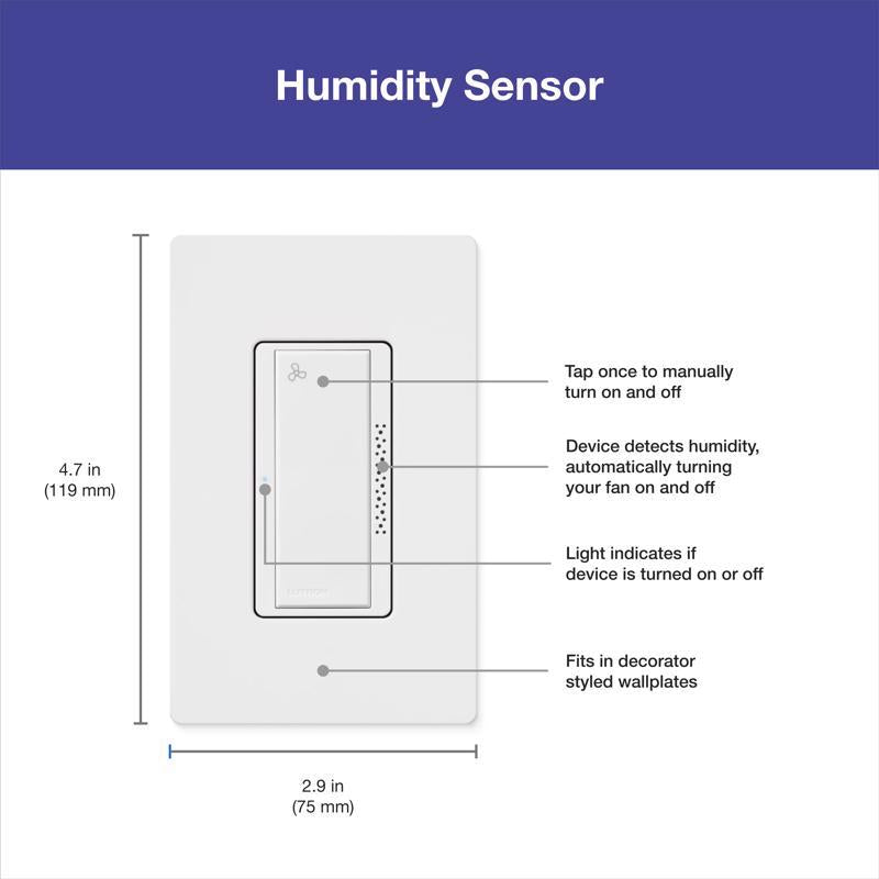 Lutron XactSense Humidity Sensor 3 amps Single Pole Bathroom Exhaust Smart-Enabled Switch White 1 pk