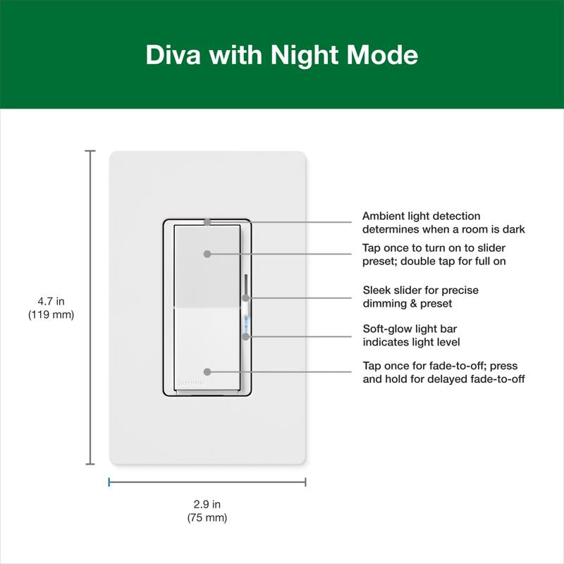 Lutron Diva with Night Mode for Dimmable LED Bulbs White 150 W 3-Way Dimmer Switch 1 pk