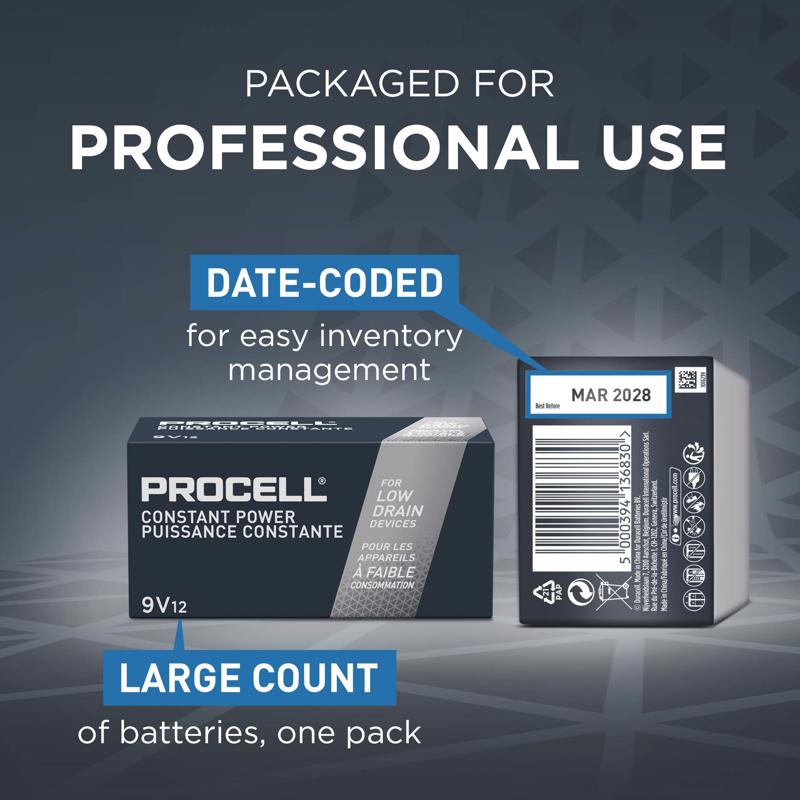 Procell Constant 9-Volt Alkaline Batteries 12 pk Boxed