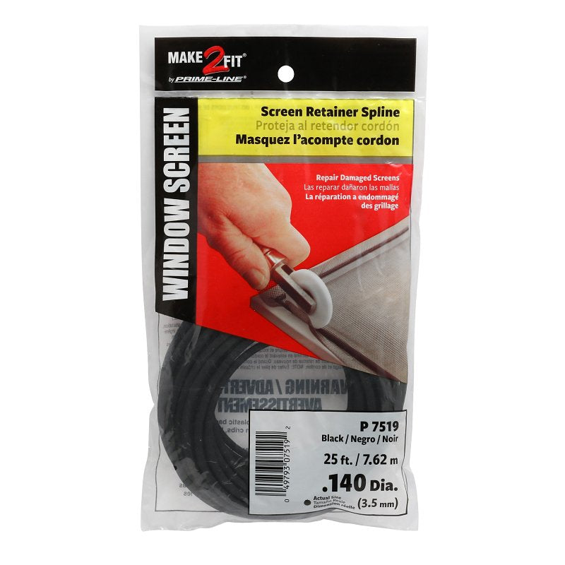 Make-2-Fit P 7519 Screen Retainer Spline, 0.14 in D, 25 ft L, Vinyl, Black, Round