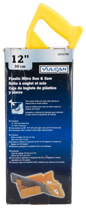 Vulcan JL42402 Miter Box with Saw, 4 in W Cutting, 2-1/4 in D Cutting, Plastic, Yellow
