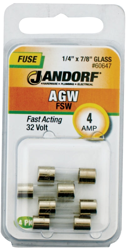 JANDORF AGW Series 60647 Fast Acting Fuse, 4 A, 32 V, 10 kA Interrupt, Glass Body, Fast-Acting Fuse