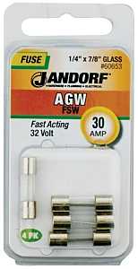 JANDORF AGW Series 60653 Fast Acting Fuse, 30 A, 32 V, 10 kA Interrupt, Glass Body, AGW
