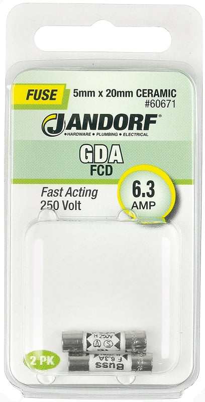 JANDORF GDA Series 60671 Fast Acting Fuse, 6.3 A, 250 V, 1500 A Interrupt, Ceramic Body, Fast-Acting Fuse