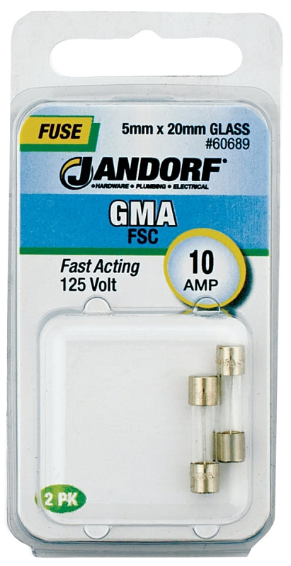 Jandorf 60689 Cartridge Fast Acting Fuse, 10 A, 125 V, 200 A Interrupt, Glass Body