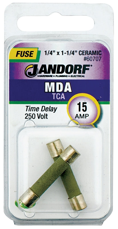 Jandorf 60707 Cartridge Slow Blow Time Delay Fuse, 15 A, 250 V, 750 A, 10 kA Interrupt, Ceramic Body