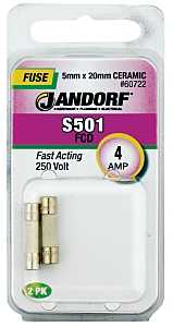 JANDORF S501 Series 60722 Fast Acting Fuse, 4 A, 250 V, 1500 A Interrupt, Ceramic Body, Fast-Acting Fuse