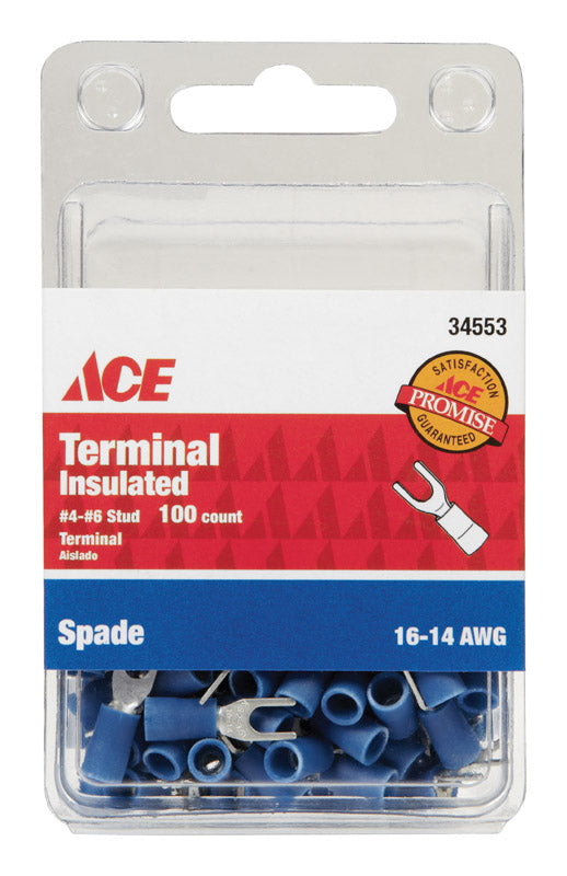 Ace Insulated Wire Spade Terminal Blue 100 pk