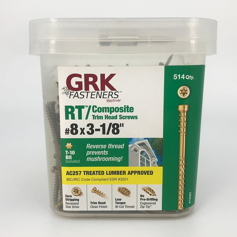 GRK Fasteners RT Series 16083 Screw, #8 Thread, 3-1/8 in L, Reverse Thread, Trim Head, Star Drive, Steel, 514 PAIL