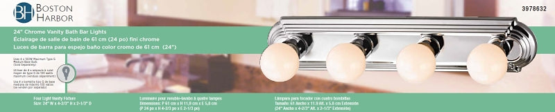 Boston Harbor 046044-CHROME Vanity Bar Fixture, 100 W, 4-Lamp, G Lamp, Steel Fixture, Polished Chrome Fixture