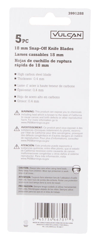 Vulcan JL-RB01 Blade, 18 mm, 4-1/4 in L, Carbon Steel, Single Edge, 1-Point, Pack of 20