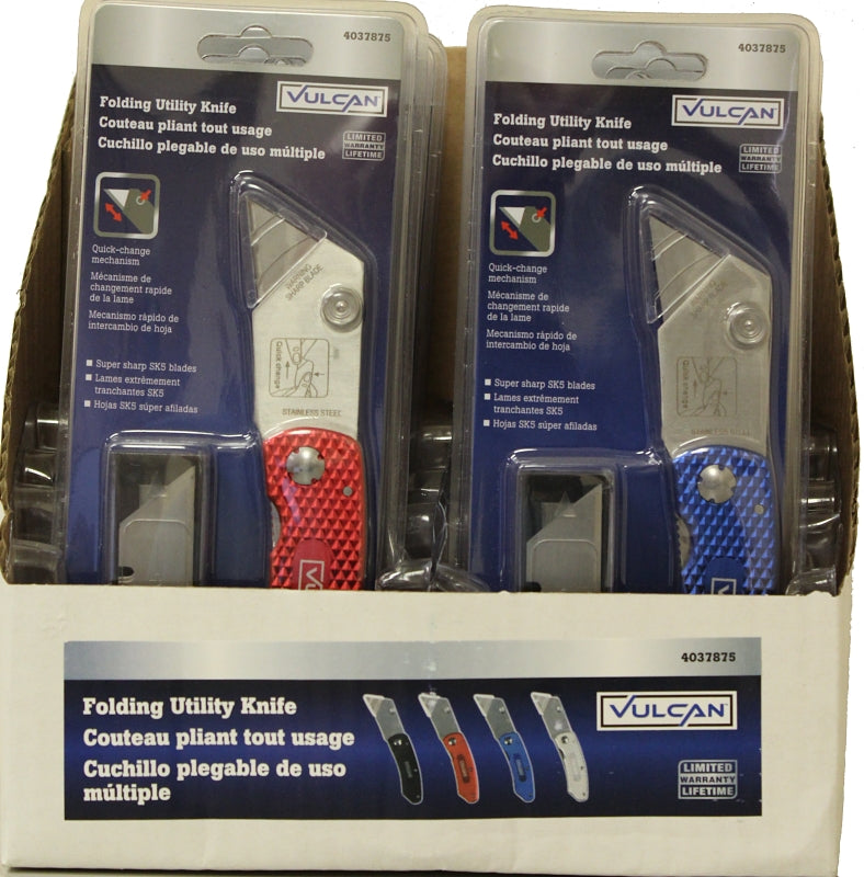 Vulcan NC149-2 Folding Knife, 2-3/8 in L Blade, 3/4 in W Blade, Steel Blade, 6-Blade, Black/Blue/Red/Silver Handle, Pack of 12