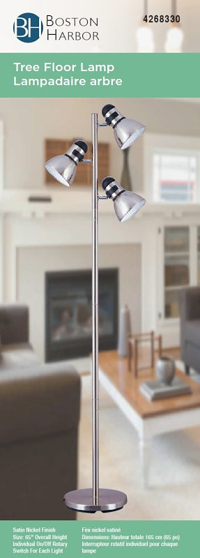 Boston Harbor TL-TREE-134 Tree Lamp, 120 V, 180 W, 3-Lamp, Incandescent Lamp, Metal, Satin Nickel Finish