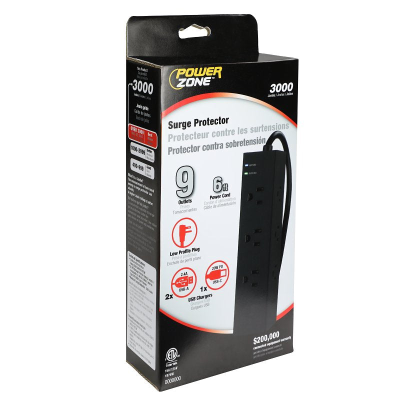 Powerzone ORPBSUC404 Surge Strip, 6 ft L Cable, Black
