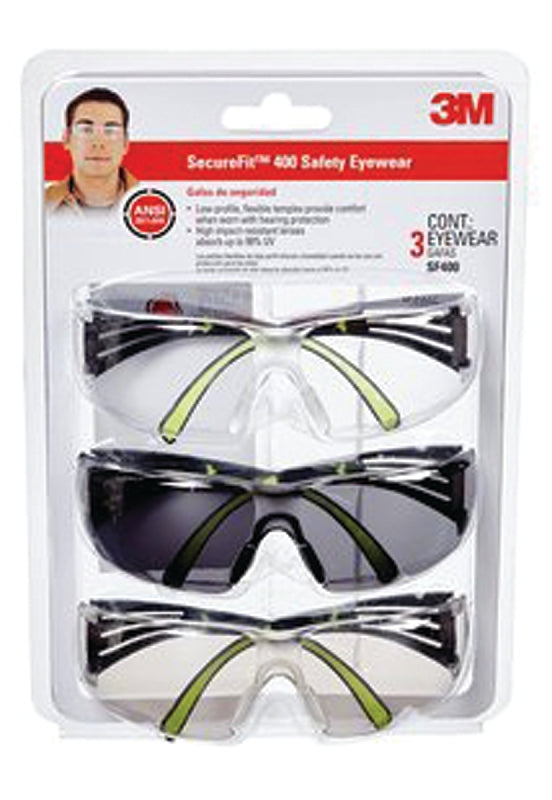3M SF400-W-3PK Safety Eyewear, Clear/Gray Lens, Neon Green/Black Frame, Anti-Fog, Scratch-Resistant Lens