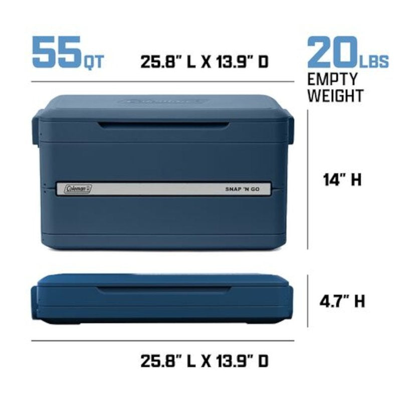 Coleman Snap 'N Go Series 2227725 Collapsible Hard Cooler, 55 qt Cooler, Polypropylene, Sapphire, 64 hr Ice Retention