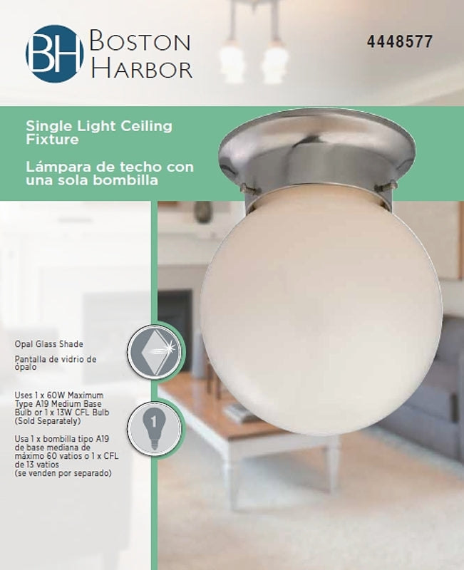 Boston Harbor F3BB01-3375-BN Single Light Ceiling Fixture, 120 V, 60 W, 1-Lamp, A19 or CFL Lamp, Brushed Nickel Fixture