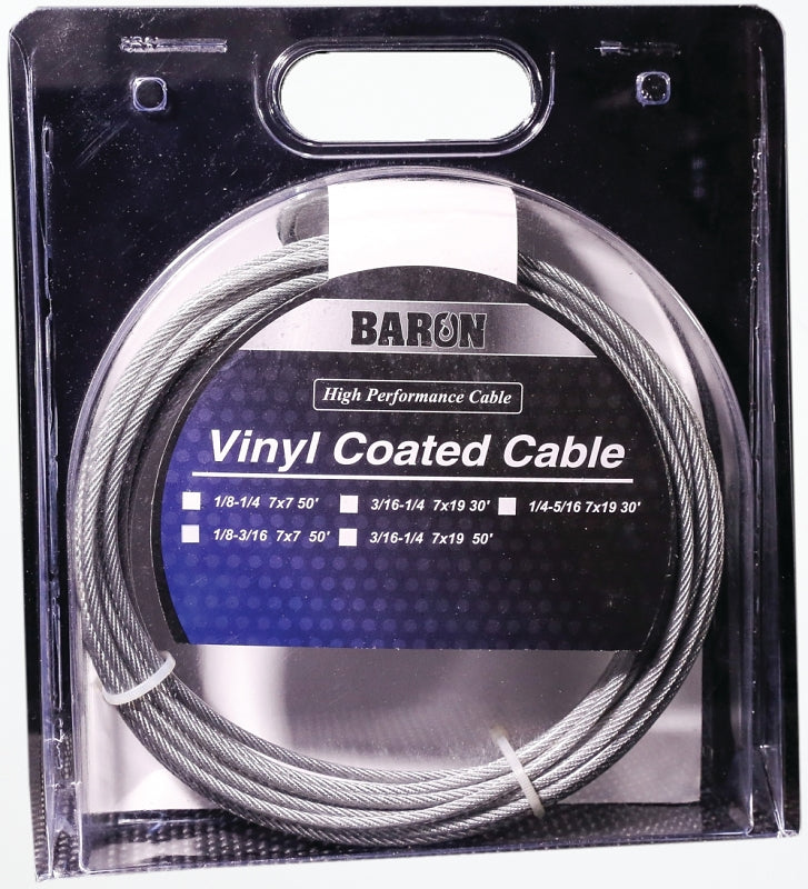 Baron 53205/50235 Aircraft Cable, 3/16 to 1/4 in Dia, 100 ft L, 740 lb Working Load, Galvanized Steel, Vinyl-Coated