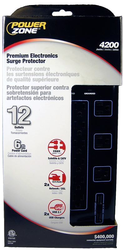 PowerZone OR504142 Surge Protector, 125 V, 15 A, 12-Outlet, 4200 Joules Energy, Black