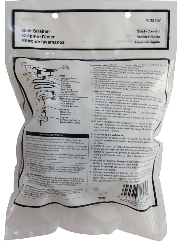 ProSource 122040-3L Basket Strainer Assembly, 4-1/2 in Dia, For: 3-1/2 to 4 in Dia Opening Sink