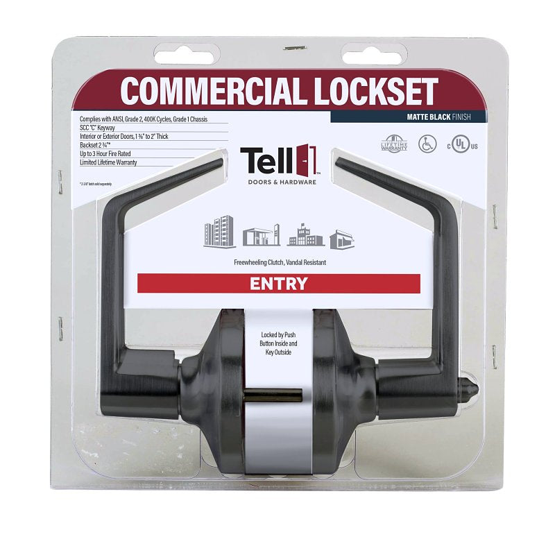 Tell Manufacturing LC2400 Series CL102902 Entry Lever, Matte Black, Lever Handle, Steel, Commercial, Left, Right Hand