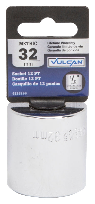 Vulcan MT6534185 Drive Socket, 32 mm Socket, 1/2 in Drive, 12-Point, Chrome Vanadium Steel, Chrome