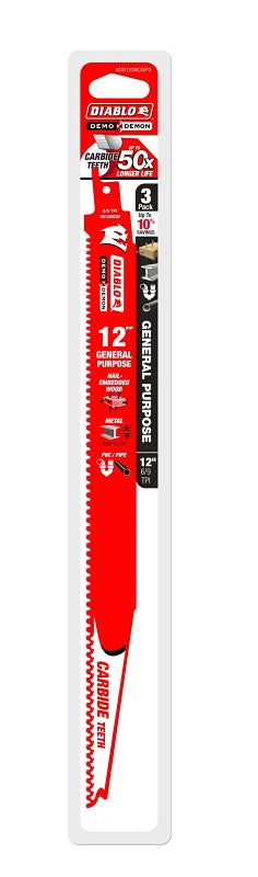 Diablo DS1209CGP3 Reciprocating Saw Blade, 1 in W, 12 in L, 6/9 TPI, Carbide Cutting Edge