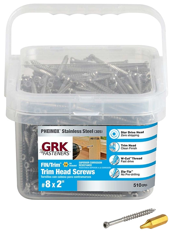 GRK Fasteners 61728 Finishing Screw, #8 Thread, 2 in L, W-Cut Thread, Trim Head, Star Drive, 305 Stainless Steel, 510 PK
