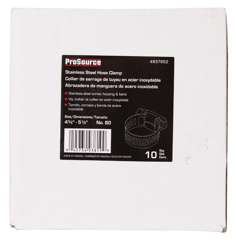 ProSource HCRSS80 Perforated Hose Clamp, Clamping Range: 4-5/8 to 5-1/2 in, 300 Stainless Steel, Stainless Steel, Pack of 10