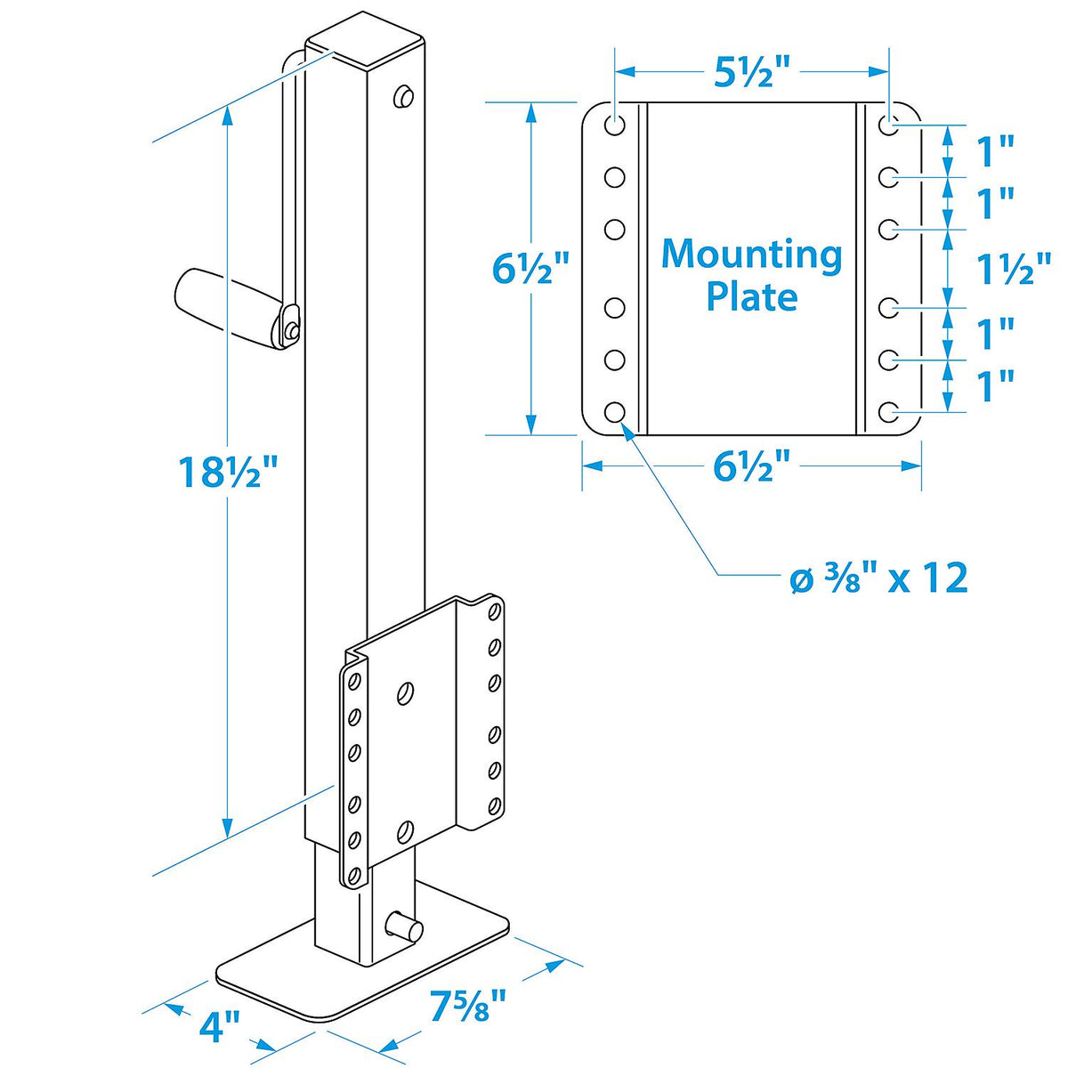 Seachoice 52051 Heavy-Duty Drop Leg Trailer Jack, Foot Plate Base, 2,500 lbs. Max Load