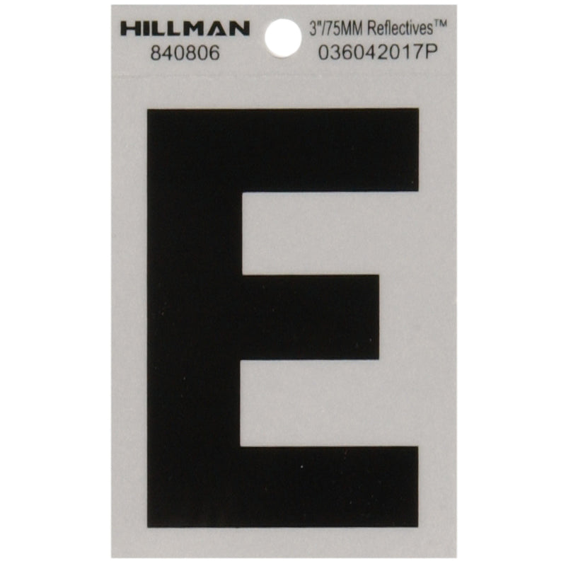 HILLMAN 3 in. Reflective Black Vinyl Self-Adhesive Letter E 1 pc, Pack of 6