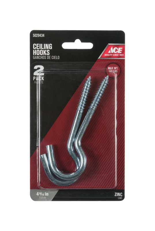 Ace Small Zinc-Plated Silver Steel 4.5625 in. L Ceiling Hook 160 lb 2 pk, Pack of 5