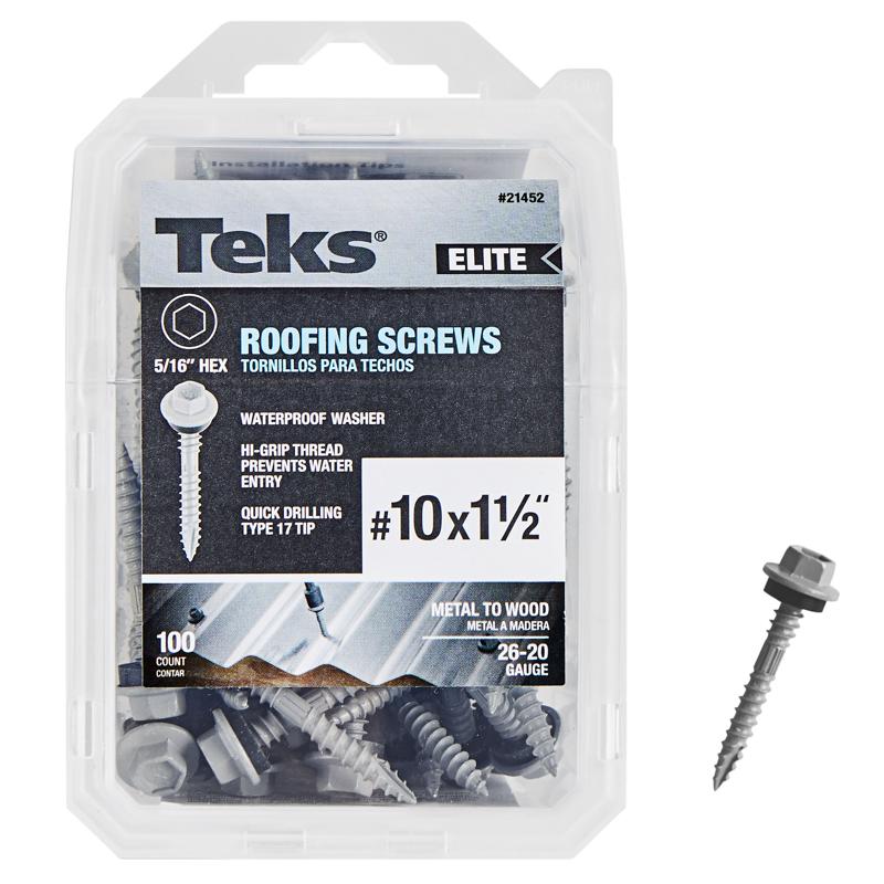 Teks Elite No. 10 X 1-1/2 in. L Hex Drive Hex Washer Head Self Tapping Roofing Screws
