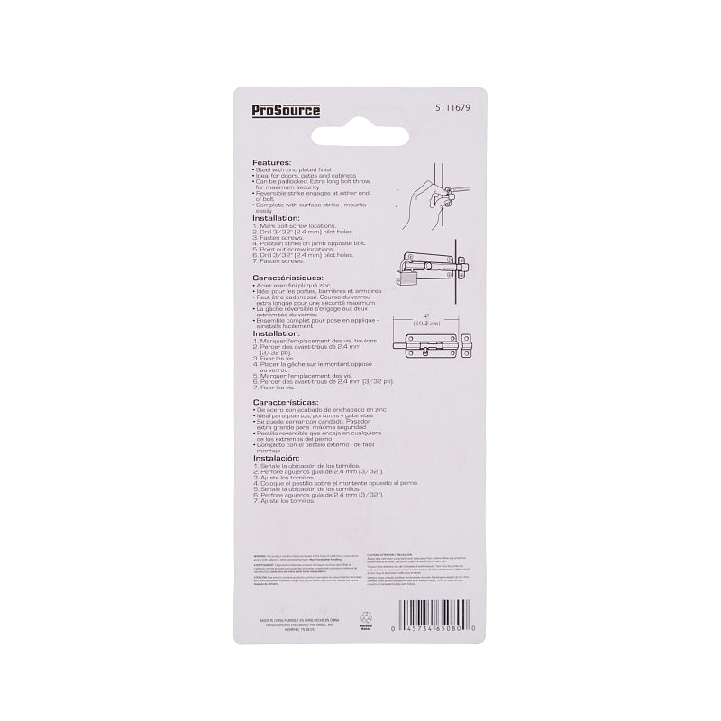 ProSource BH-103-PS Lockable Barrel Bolt, 0.31 Dia in Bolt Head, 4 in L Bolt, Steel, Zinc