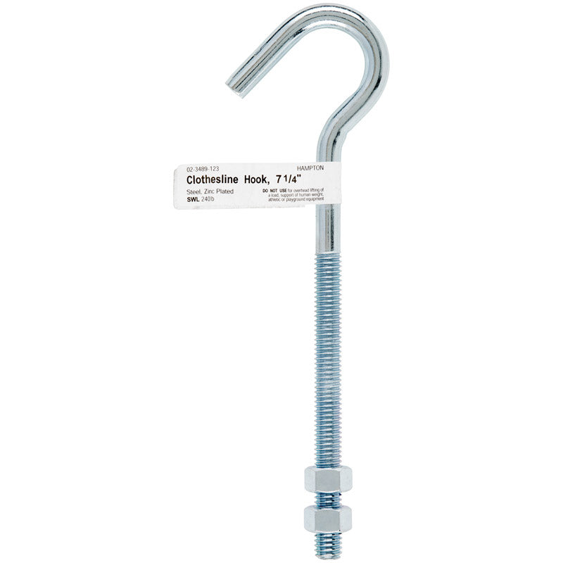 Hampton Medium Zinc-Plated Silver Steel 7.25 in. L Clothesline Bolt Hook 240 lb 1 pk, Pack of 10